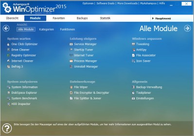 Ashampoo WinOptimizer 2015 Startseite - Module