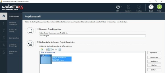 website x5 - auswahl erstellen projekt