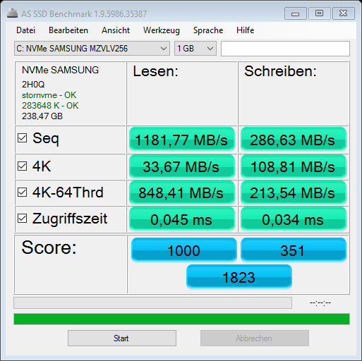  AS SSD Benchmark der NVMe Samsung MZVLV256 im OMEN by HP Notebook PC – 17-w012ng 