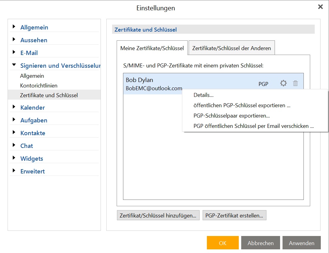 eM Client Zertifikate und Schlüssel