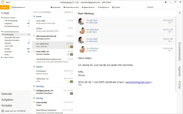 eM Client. Ansicht Posteingang