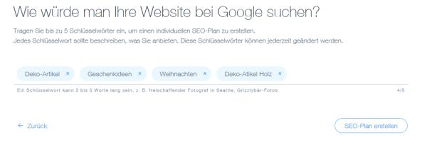 seo wiz von wix Homepagebaukasten - Schlüsselwörter / Keywords eingeben