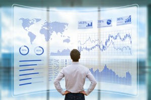 Business Person analysiert Big Data auf einem modernen Display