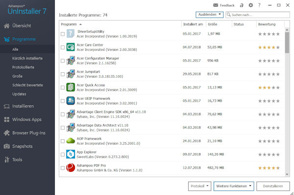 Ashampoo Uninstaller 7 - Übersicht installierte Programme