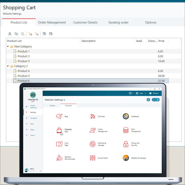 website x5 website settings einstellen online-shop