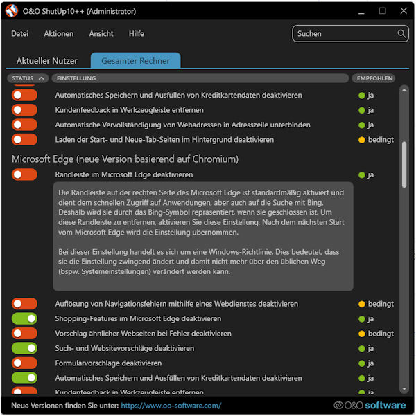 O&O ShutPp 10 mit Option zur Deaktivierung der Randleiste in Microsoft Edge