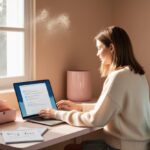 A modern female freelancer sitting at a minimalist pastel-colored desk