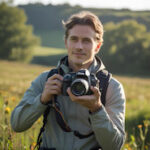 Eine Person beim Fotografieren in der Natur mit einer Spiegelreflexkamera