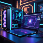 Futuristischer Desktop PC und eine Notebook auf dem lokale KI Anwendungen laufen